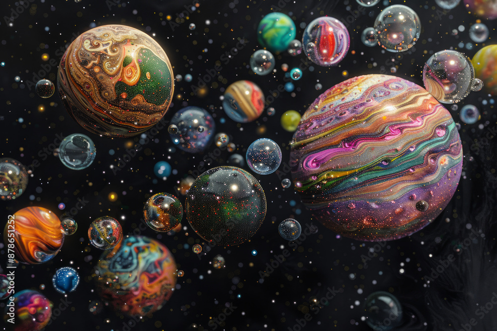 Poster multicolored bubbles float against a dark background with sparkling stars, creating an otherworldly,