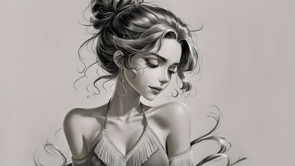 Fototapeta premium Detailed pencil sketch of a female character wearing Indian saree Hindu lady with curly hair. Black and white hand drawing on canvas