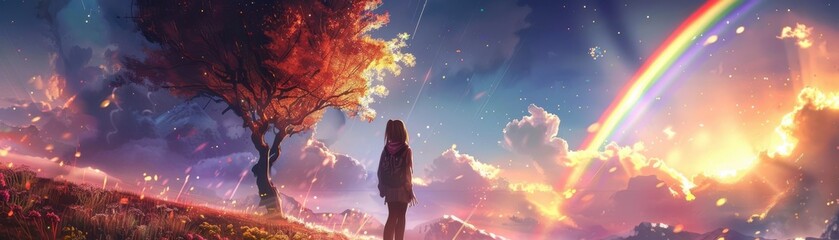 Naklejka premium Hyperrealistic image of a girl drawing a rainbow in the sky, colorful scene, whimsical artistry, sky and rainbow