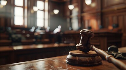 A wooden gavel sits on a wooden table in a courtroom
