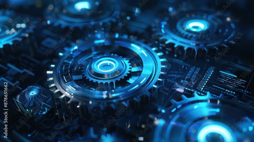 Aufkleber futuristic 3d gears floating in a dark void illuminated by neon blue light intricate mechanical deta