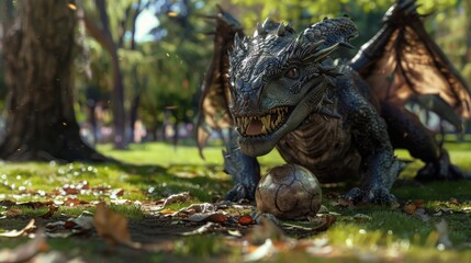 Fototapeta premium Dragon playing with a ball in a park, highly realistic, whimsical urban fantasy, dragon and ball game, park interaction