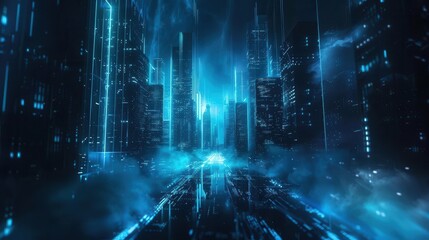 futuristic abstract cityscape with glowing neon blue light streams dark angular structures and a sense of highspeed digital transformation against a deep black sky