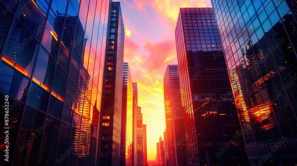 Poster futuristic cityscape with sleek mirrored skyscrapers reflecting a vibrant sunset sky creating a mesm