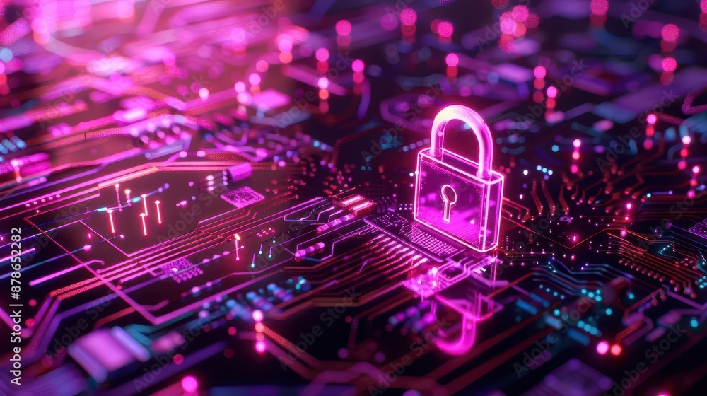 Aufkleber futuristic cyber security visualization with glowing purple padlock on a circuit board neon lines an