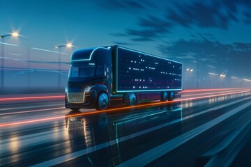 Futuristic Semi Truck on a Night Road