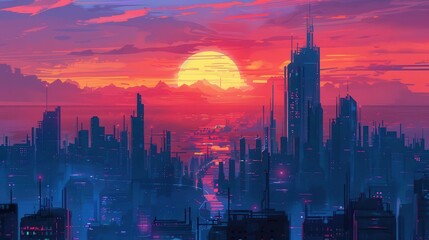 Fototapeta premium futuristic cyberpunk cityscape at sunset with glitchy animation style dystopian wallpaper