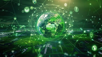 Obraz premium futuristic green earth surrounded by holographic sustainability icons and renewable energy symbols abstract environmental technology concept with glowing connections