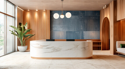 Stylish minimalist interior of a hotel lobby or reception area for a beauty salon, spa or private medical clinic with a marble counter 