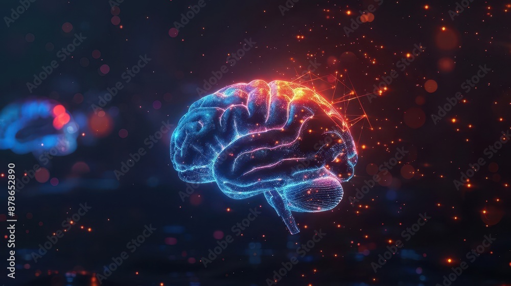 Poster futuristic human brain with neon glow floating in black space symbol of intelligence 3d rendering