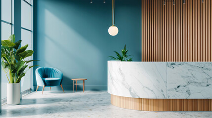 Stylish minimalist interior of a hotel lobby or reception area for a beauty salon, spa or private medical clinic with a marble counter 