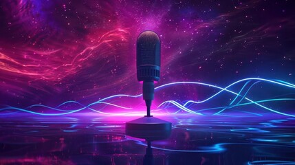 futuristic holographic microphone floating in a starry void surrounded by neon sound waves dynamic lighting sleek design and a sense of cosmic music