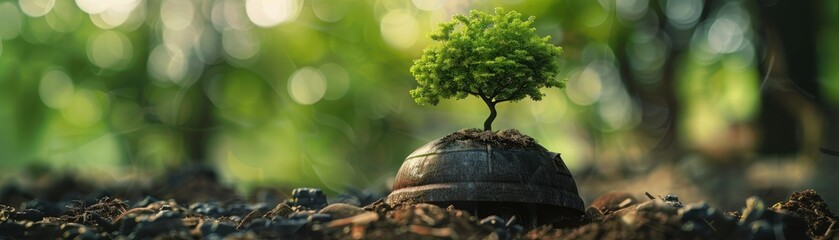 Obraz premium Realistic tree sprouting from an iron helmet, detailed scene, nature overcoming industry, green growth, metal and tree contrast