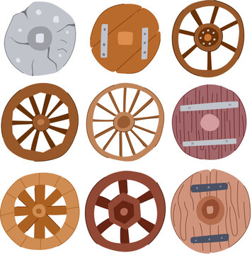 wheel ancient set cartoon. wooden vintage, wood antique, mill first wheel ancient sign. isolated symbol vector illustration