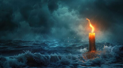 Hyperrealistic image of a candle burning in a violent storm, resilient flame, extreme weather, unwavering light