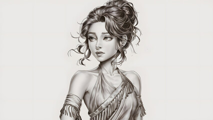 Detailed pencil sketch of a female character wearing Indian saree Hindu lady with curly hair. Black and white hand drawing on canvas