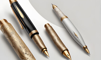 Elegant Gold And Black Fountain Pens With Intricate Designs
