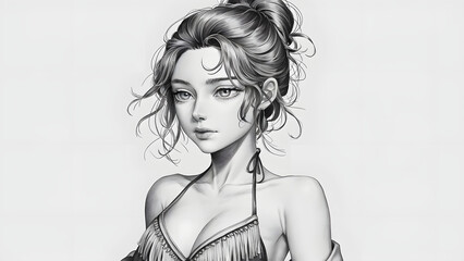 Detailed pencil sketch of a female character wearing Indian saree Hindu lady with curly hair. Black and white hand drawing on canvas