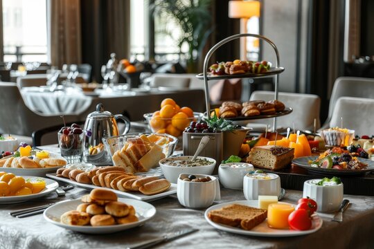 A table displaying various breakfast foods and cups of coffee in a luxurious hotel setting, Breakfast foods spread out on a luxurious hotel dining table