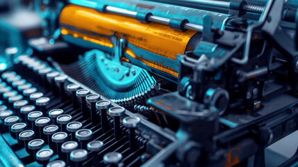 Fototapeta premium Close-up view of a vintage typewriter with detailed focus on the keys and mechanism.