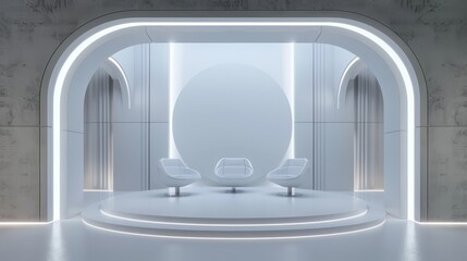 Futuristic, minimalist interior with a large white circle, three white chairs, a white platform, arches, and neon lighting