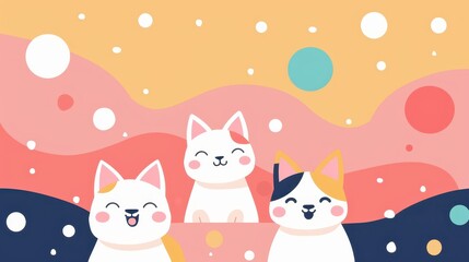 Three stylized cartoon cats with different fur patterns and colors, smiling and standing in front of a background with abstract shapes and a gradient of colors