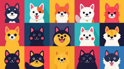 Collection of cartoon dogs and cats with different colors and expressions, each set against a solid background