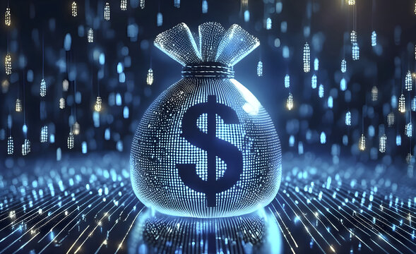 digital blue moneybag with a dollar $ icon with binary code, ai financial transactions, fraud detection algorithms, portfolio management, and personalized financial planning services. money bag.