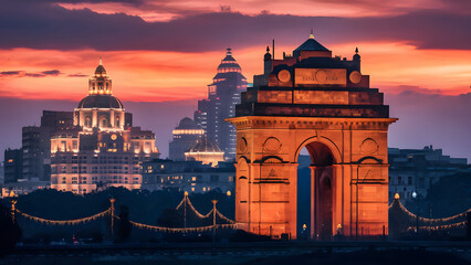 Enchanting Indian Skyline at Dusk with Illuminated India bridge and Gate with sunset view. City landscape