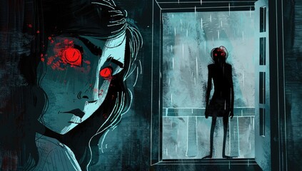 Illustrated Suspenseful Scene with Red Glow