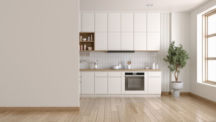 White wall foreground with  kitchen room interior with Bright white minimal modern room interior.3D illustration
