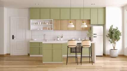 Kitchen room interior with Bright green and wood shelf modern, Dining room interior.3D illustration