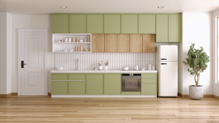 Kitchen room interior with Bright green kitchen counter in minimal space .3D illustration