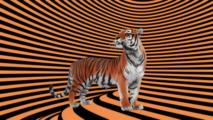 Eye-Catching Optical Illusion Photo of Striking Tiger: Mesmerizing Backdrop and Infinite Upward Journey. Orange stipe for leopard