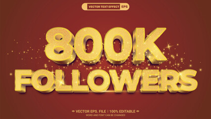 800k followers golden 3d editable vector text effect on red glitter background for social media