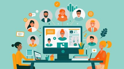 illustration of an international online meeting taking about status and progress, working from a home office 