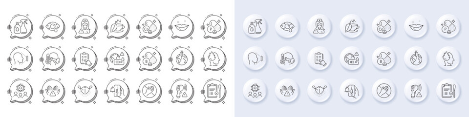 Dont touch, Vaccine announcement and Mint tea line icons. White pin 3d buttons, chat bubbles icons. Pack of Pandemic vaccine, Electronic thermometer, Medical mask icon. Vector