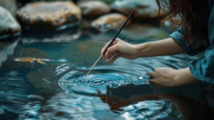 Obraz premium Detailed image of a girl using a brush to write on water, high realism, water art, calm setting, fluid calligraphy