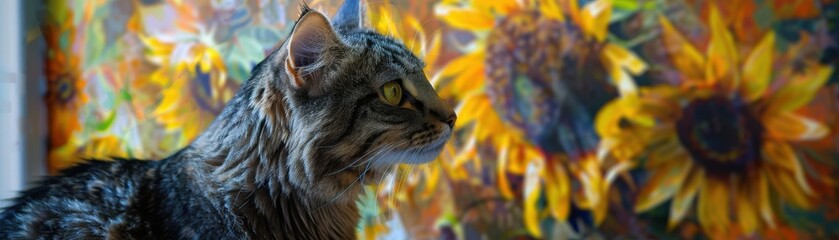 Obraz premium Realistic cat sitting on a sunflower, detailed whimsical scene, vibrant colors, feline and nature, sunflower balance