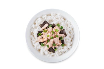 Rice bowl with salmon flakes, nori and scallion on a white isolated background