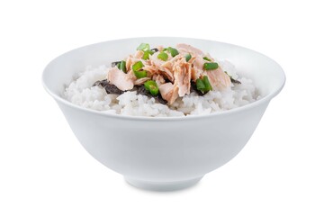 Rice bowl with salmon flakes, nori and scallion on a white isolated background