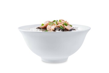 Rice bowl with salmon flakes, nori and scallion on a white isolated background