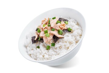 Rice bowl with salmon flakes, nori and scallion on a white isolated background