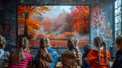 Fototapeta premium Children in Classroom Watching Autumn Forest Scene on Screen, Engaging in Seasonal Learning Activity