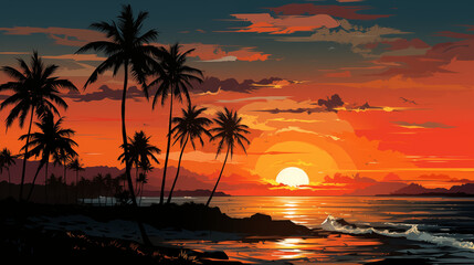 A palm tree silhouette against the sunset