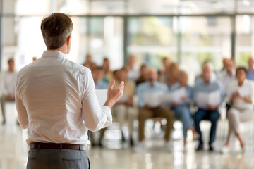 Business speaker addressing audience at conference. Back view of professional giving lecture at seminar or corporate event.