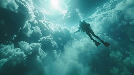 Realistic diver diving in the sky, detailed scene, surreal aerial environment, clouds and water, sky swimming contrast