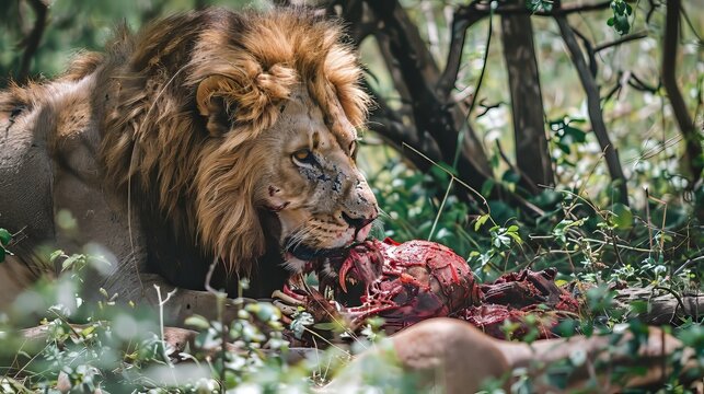 Lion Feasting on Prey in Jungle