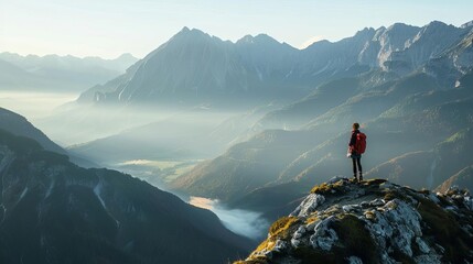 A hiker, standing on a mountaintop, with a breathtaking view of a valley bathed in morning light Soft light, misty mountains, focus on the sense of peace and awe