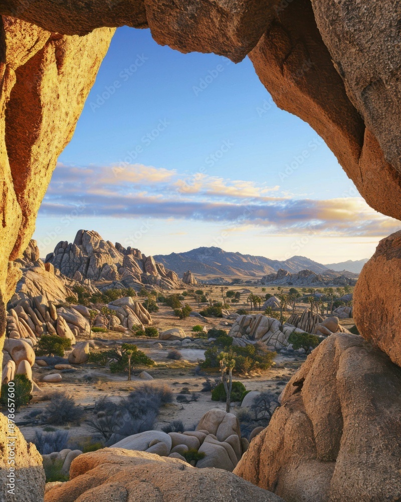 Poster a large rock formation in the desert with a hole in it that creates a frame for the view beyond. ai.
